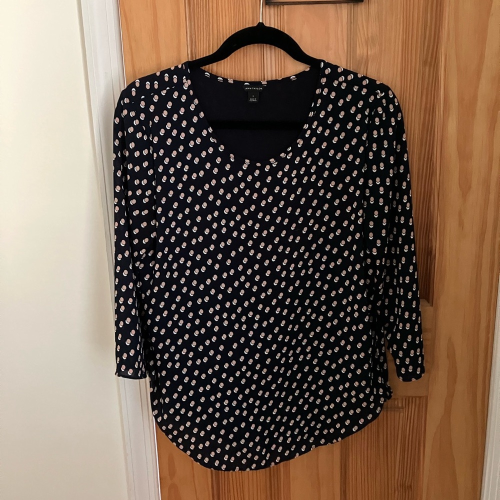 Ann Taylor Navy Blue Sheer Blouse with cream/white polka dot pattern
